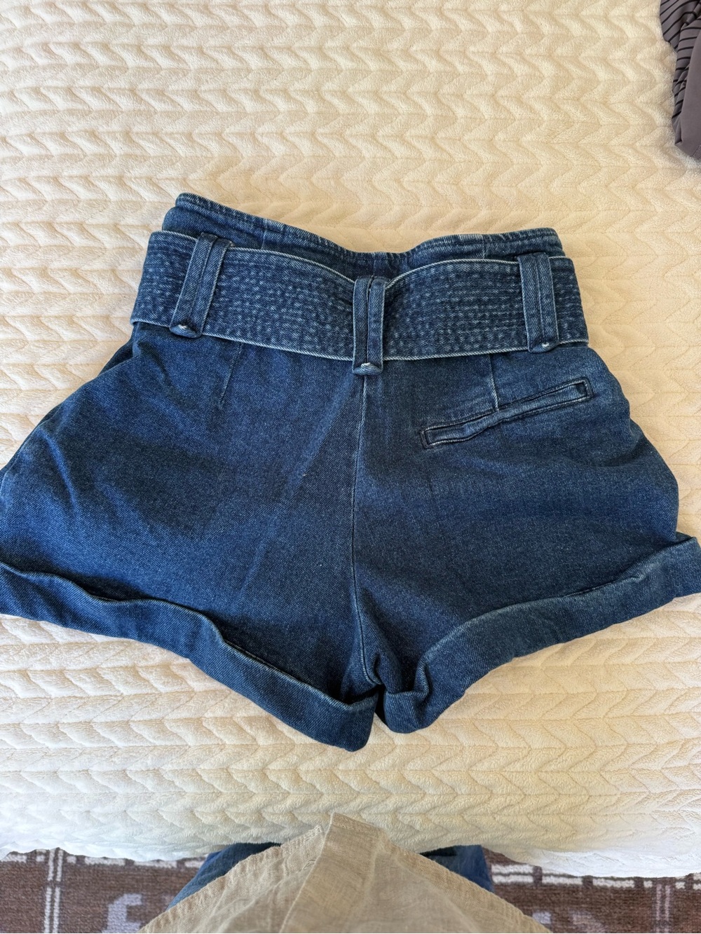 Sezane Dark Blue High-Waist Paperbag Denim Shorts with Belt - Picture 2 of 3
